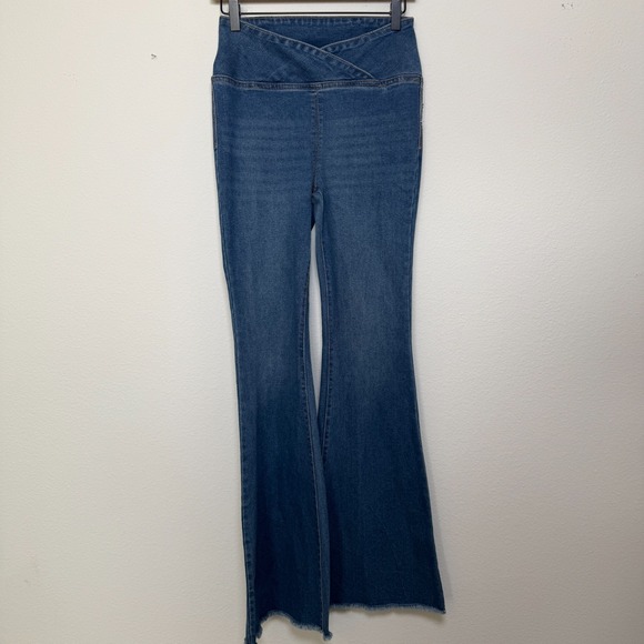 Vanilla Star Women Jeans Small Pull On Criss Cross Waist Flare Frayed Boho Weste - Picture 1 of 7